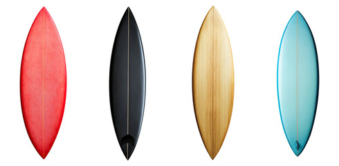 Set of Four unique surfboards with different colors for summer vacation isolated on transparent background
