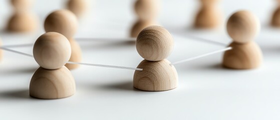 Obraz premium Wooden figures linked together on a white surface, representing a network and human resources management strategy in an interconnected workplace