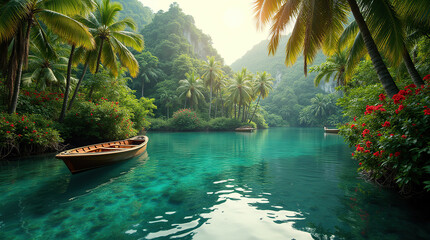 Obraz premium A calm tropical lagoon with reflective waters, vibrant greenery, and colorful flowers, offering a tranquil escape with sunlight streaming through the trees.