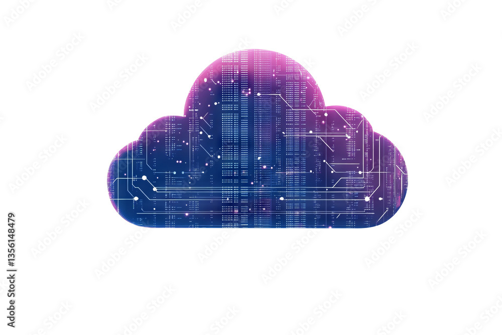 Poster digital cloud icon with glowing circuit data and technology isolated on transparent background