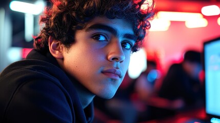 Focused Young Man with Curly Hair in Digital Gaming Environment