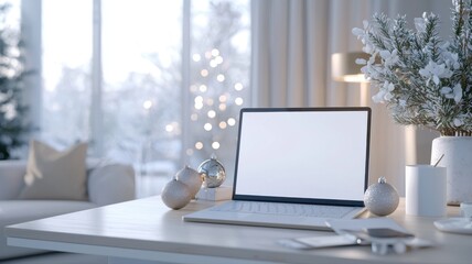 Fototapeta premium Cozy workspace with a laptop on a desk, decorated for winter, surrounded by soft lighting and holiday ambiance.