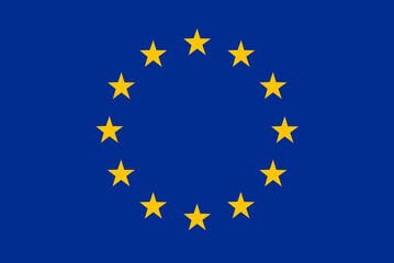 European Union flag, Flag of Europe, with blue background and yellow stars.