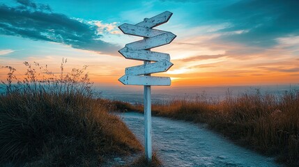 White signpost with six arrows pointing in different directions, a conceptual road sign for navigation themes.