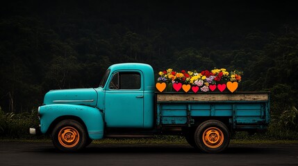 A picturesque blue truck filled with colorful hearts and beautiful flowers, embodying love, happiness, and joy in a perfect romantic and celebratory scene