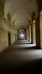 Medieval monastery corridor with columns in the church. Cistercian Abbey Lubiaz