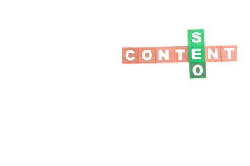 SEO content, word collected in a crossword with wooden cubes. White background. Copy space