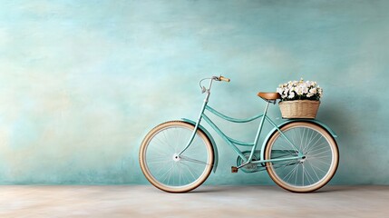 Fototapeta premium A serene and elegant watercolor scene of a vintage bicycle adorned with flower baskets, set against a light pastel background, reflecting timeless beauty and tranquility