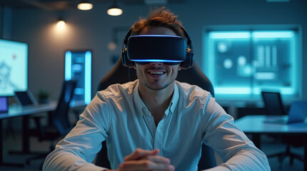 A young man in a virtual reality headset at a modern startup office, with tech gadgets and minimalistic design, embodying the future of immersive digital experiences.