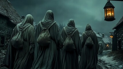 Naklejka premium Monks walking medieval village night