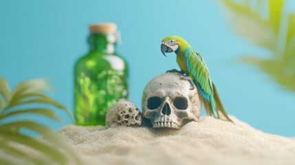 Parrot on skull with bottle