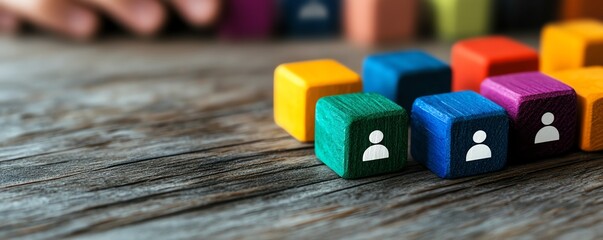 Human resources management visual with vibrant blocks and people icons on a wooden table, symbolizing workforce planning and team optimization