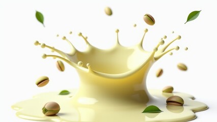 Pistachios splashing into creamy green pistachio milk on white background. Healthy plant-based nutrition concept.