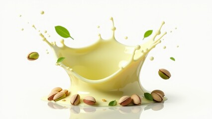 Pistachios splashing into creamy green pistachio milk on white background. Healthy plant-based nutrition concept.