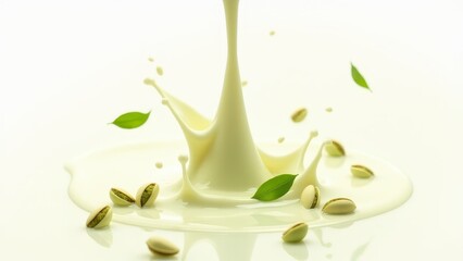 Pistachios splashing into creamy green pistachio milk on white background. Healthy plant-based nutrition concept.