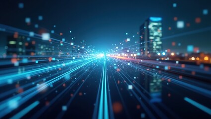 Fototapeta premium A 5G network visualization with fast-moving data signals in the air, emphasizing speed and connectivity in a city filled with advanced, connected devices.