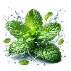 A fresh mint leaves with splashing water drops isolated on white background