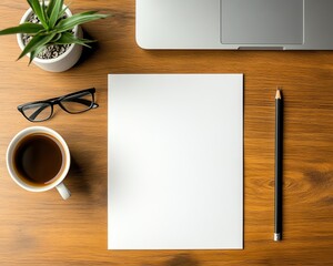 Empty white vertical resume mockup template on a wooden office desk, with a laptop, notebook, and pencil above, ideal for job application and business curriculum vitae