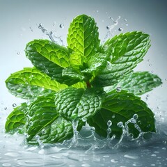 A fresh mint leaves with splashing water drops isolated on white background