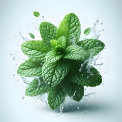 A fresh mint leaves with splashing water drops isolated on white background
