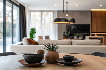 modern living room with table room with a table, table, Wood table with blurred modern apartment interior background, modern living room with Empty wooden tabletop with blurred living room background