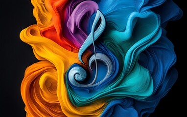 Obraz premium Colorful musical notes and a treble clef swirling together in a vibrant, artistic illustration, capturing the essence of creativity and the power of music