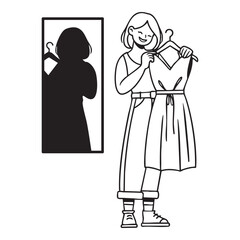 Women choose clothes in front of mirror with hand drawn vector illustration. Doodle style isolated and easy to use for creative projects and designs.