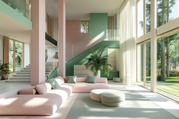 Modern living room with comfortable sofa, pastel colored walls, large windows, stairs to the second floor. A combination of dusty pink and shades of green. Trendy color combination..