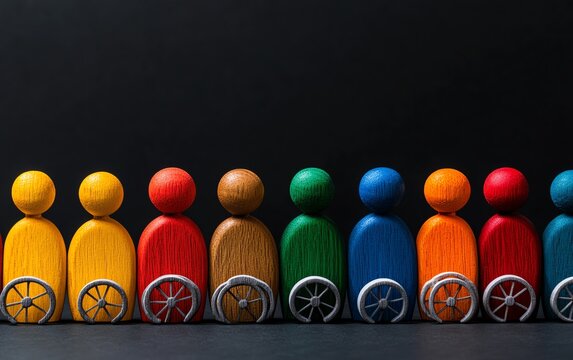 Diversity and inclusion concept with wooden people figures of different colors, including a wheelchair user, symbolizing equality and accessibility