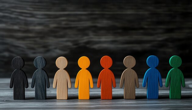 Diversity and inclusion theme with wooden people figures of different colors and a wheelchair user, representing unity, accessibility, and equality in society