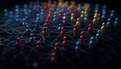 Fototapeta premium Abstract human avatars connected in a radiant, colorful network grid, showcasing teamwork, HR strategies, and digital collaboration, professional vector style, ultrarealistic, 4K