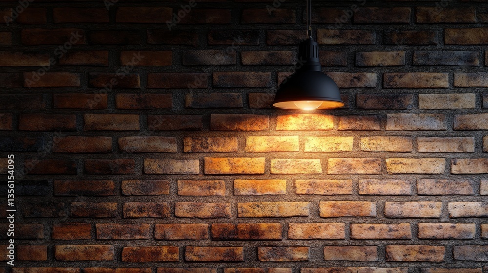 Poster hanging spotlight illuminating a textured brick wall background with empty copy space for design or 