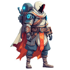 Illustration of a hooded character with a backpack and orange accents standing