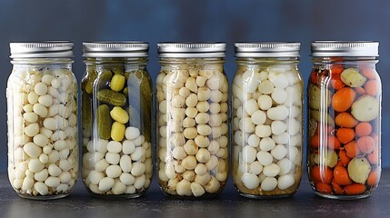 Array of Preserved Vegetables in Glass Jars with Metallic Lids on a Dark Background