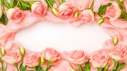 Obraz premium Pink Roses and Delicate Green Foliage Framing a Blank Space on White Background for Elegant Designs
