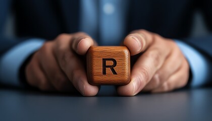 Man holding a wooden cube with the HR word, placed on a desk, illustrating the role of human resources in business operations and employee development