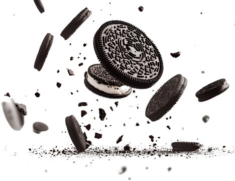 Oreo cookies falling down, flying around, from different angles, on a transparent background - Oreo cookies falling down, flying around, from different angles, on a transparent background (2)
