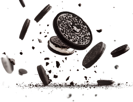 Oreo cookies falling down, flying around, from different angles, on a transparent background - Oreo cookies falling down, flying around, from different angles, on a transparent background (2)
