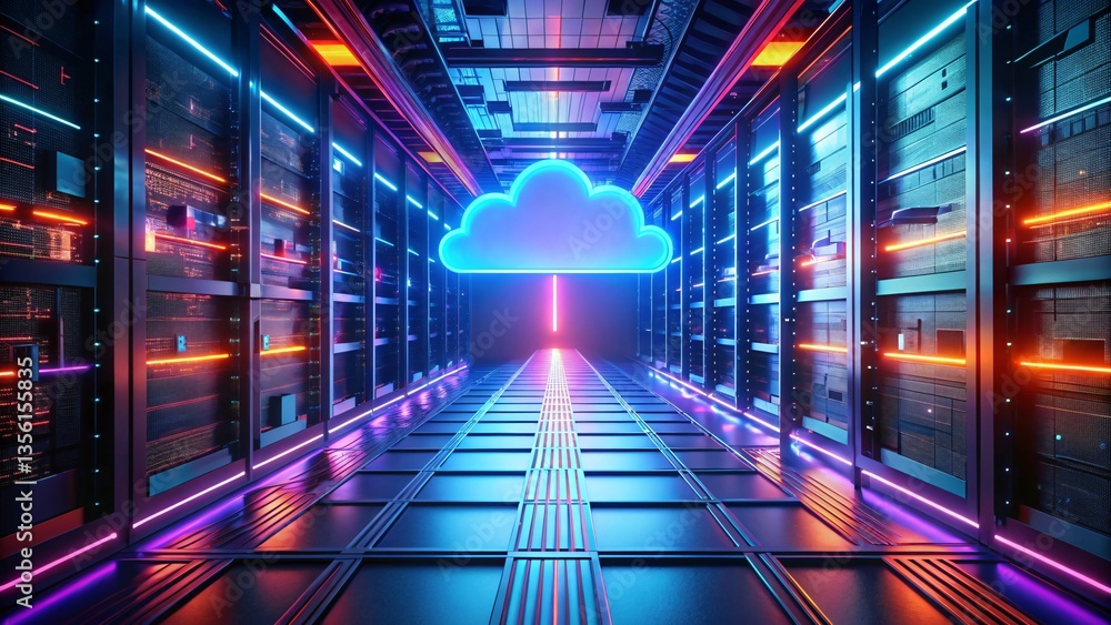 Poster digital cloud gateway: a futuristic server room illuminated with neon lights, highlighting a digital