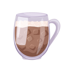 Iced cappuccino with milk foam in a transparent glass mug on a white background. Cup of cold coffee. Isolated vector illustration.