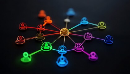 Stylized infographic of humanshaped icons connected by curved neon pathways, representing corporate collaboration and HR innovation, modern UIUX design, ultraHD