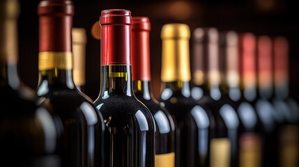 Elegant row of wine bottles, soft light enhancing textures, a refined display of sophistication and craftsmanship.