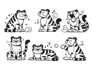 Set of cute tigers in various poses with hand-drawn vector illustrations. Doodle line art style, isolated and easy to use for creative projects and designs.