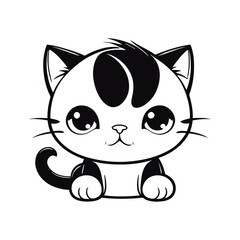 A clean black and white vector illustration of a sad baby cat with a low head and hunched back on a white background