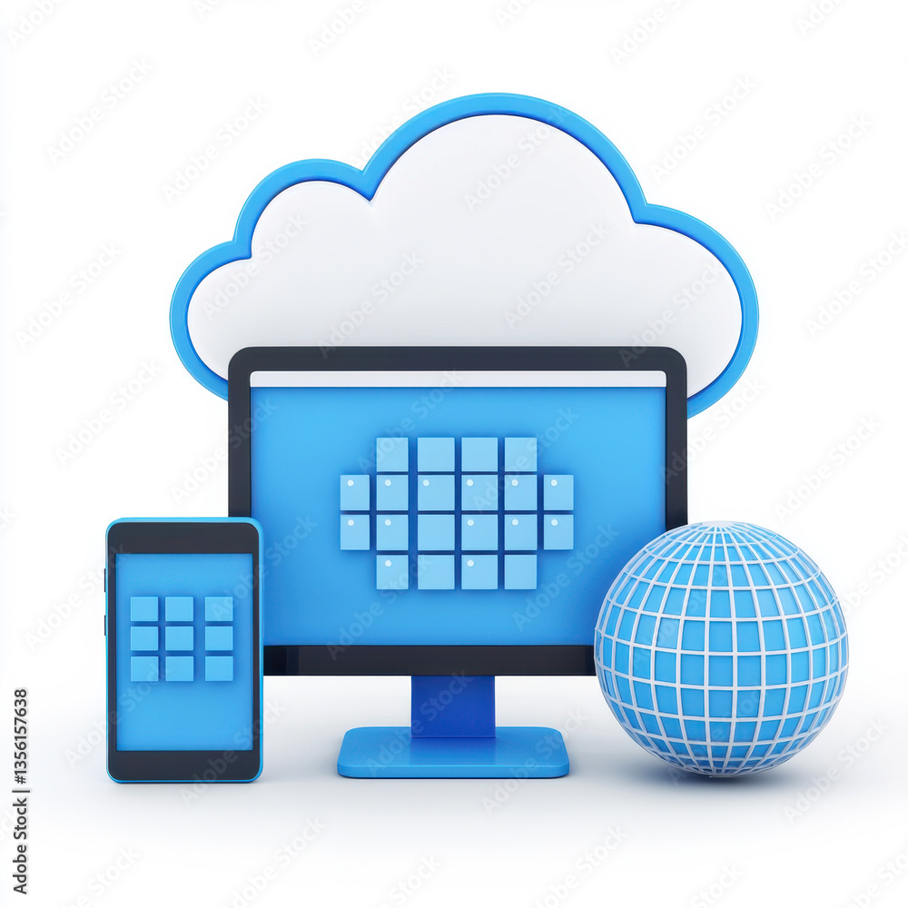 Poster modern devices connecting to the cloud, showcasing digital innovation for communication and data sto