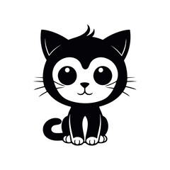 Obraz premium A simple black and white vector illustration of a baby cat sitting hunched over, expressing sadness on a white background