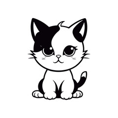 A black and white vector silhouette of a tiny cat with a sorrowful gaze, its tail wrapped around its body on a white background