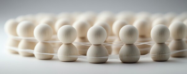Naklejka premium Wooden figures connected in a network on a white surface, symbolizing human resources strategy, employee engagement, and organizational management