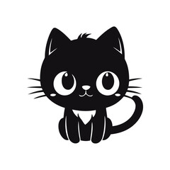 A black and white vector silhouette of a sad baby cat looking up with big, teary eyes on a white background