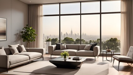 Naklejka premium Modern living room interior design showcasing beige sofas, city skyline view from large windows, minimalist decor.